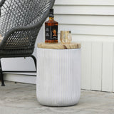 Fluted cement outdoor end table with faux wood top