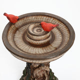 This polyresin garden birdbath features a layered basin design with two red bird sculptures perched on the edge, making it an ideal outdoor decor centerpiece.