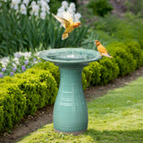 Green Outdoor Ceramic Birdbath with Peacock Feather Design, 20''