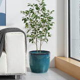 Large Round Plant Pots with Vertical Line Texture, Modern Blue Ceramic Planter 11.8'' Dia