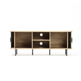 The LuxenHome Aria oak finish 55.1-Inch TV stand, suitable for TVs up to 55, boasts a minimalist wooden design in mid-century modern style with a light frame, dark interior, excellent cable management via open compartments and two circular cutouts, standing on six black metal legs against a white backdrop.