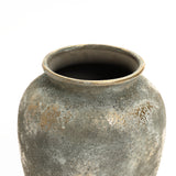 LuxenHomes Rustic Gold and Brown Terracotta Urn Vase, 13.6 H, features a textured weathered finish with a wide rounded body and narrow flared neck. The distressed antique surface displays gray, brown, and silver against white, ideal for any home decor setting.