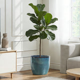 Large Round Plant Pots with Vertical Line Texture, Modern Blue Ceramic Planter 15'' Dia