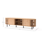 Mid-century modern TV cabinet featuring sliding door design, open shelves, and slatted side panels. Its a wood TV stand with dimensions of 70.87 in width, 15.75 in depth, and 20.28 in height. Supported by sleek black metal legs for a stylish finish.
