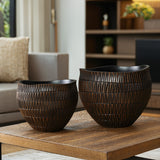 Dark brown textured resin round planter, small