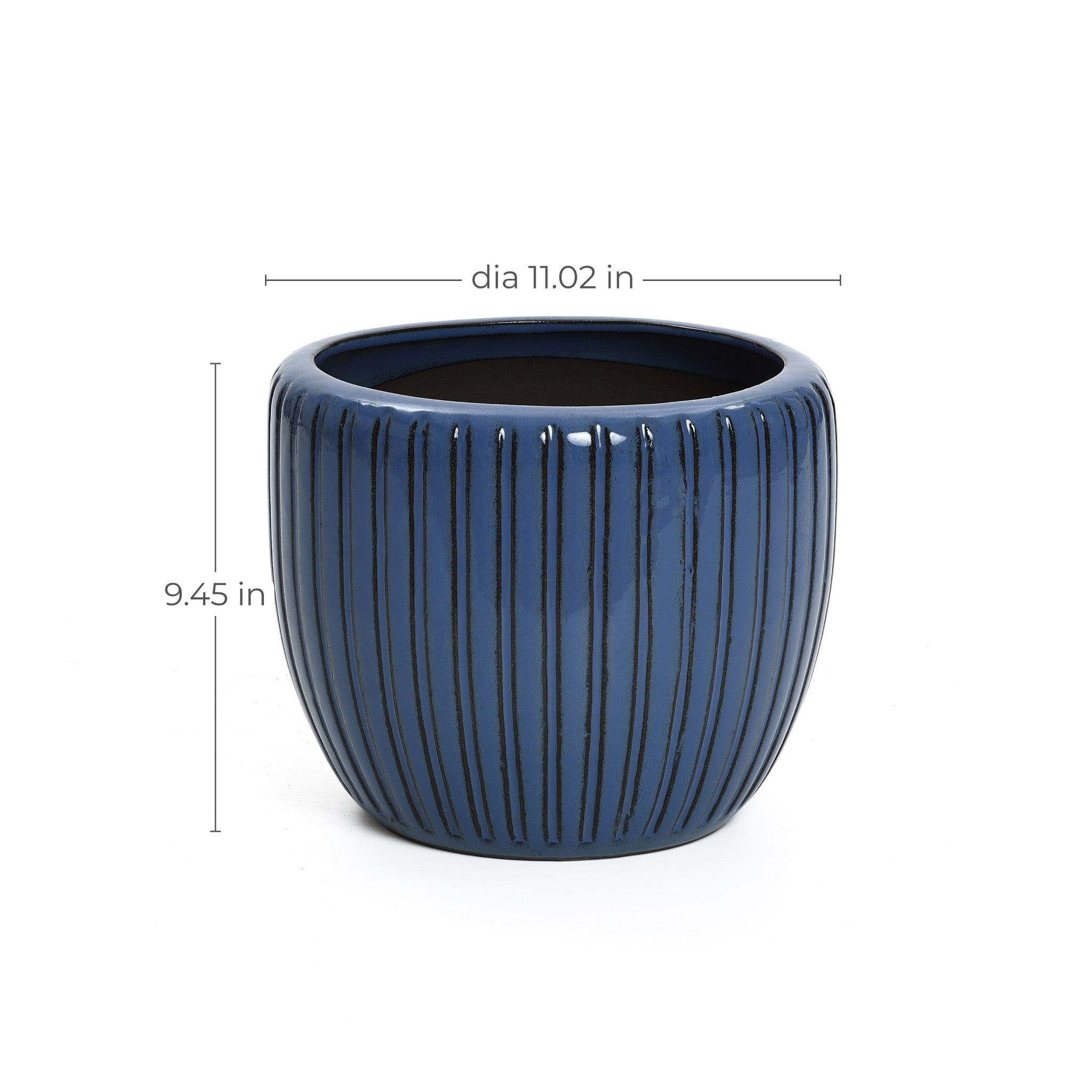 Dark blue ceramic flowerpot with a captivating three-dimensional vertical pattern, standing 9.45 inches tall and 11.02 inches in diameter.