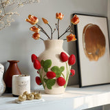 Ivory ceramic vase with strawberries, 11" h