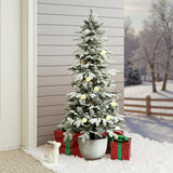 Pre-Lit Flocked Artificial Tree Christmas with Potted,5Ft