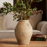 Rustic beige ribbed terracotta urn vase, 13.2" h