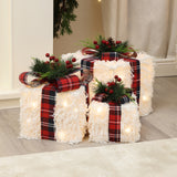 Christmas White Feathery Gift Box  Decor with Lights - Set of  3