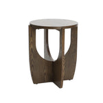 Round walnut veneer side table with a modern design featuring intersecting curved panels and a smooth top, perfect for adding a touch of mid-century modern flair to any room.