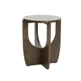 Round walnut veneer side table with a modern design featuring intersecting curved panels and a smooth top, perfect for adding a touch of mid-century modern flair to any room.