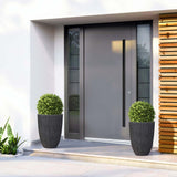 Modern entrance with a large gray door, flanked by tall black planters featuring concrete-textured finishes and UV- and weather-resistant shrubs, complemented by a wooden accent wall on the right.