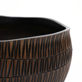 A close-up of LuxenHomes large, dark brown textured resin round planter features vertical grooves and a smooth, slightly uneven rim against a white background.