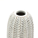 LuxenHomes decorative polyresin vase features a hand-painted antique effect, showcasing a white and brown textured geometric leaf pattern. It includes a glossy finish, wide circular opening, and measures 25 high against a plain white background.