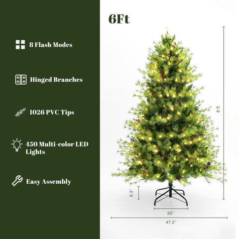 6Ft Pre-Lit Green Full Artificial Pine Christmas Tree with 8 Light Functions