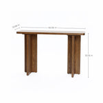 This mid-century modern console table boasts a minimalist design with a rectangular wooden top, measuring 46.06 inches long, 13.98 inches deep, and 30.16 inches high, supported by two sturdy legs.