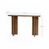 This mid-century modern console table boasts a minimalist design with a rectangular wooden top, measuring 46.06 inches long, 13.98 inches deep, and 30.16 inches high, supported by two sturdy legs.