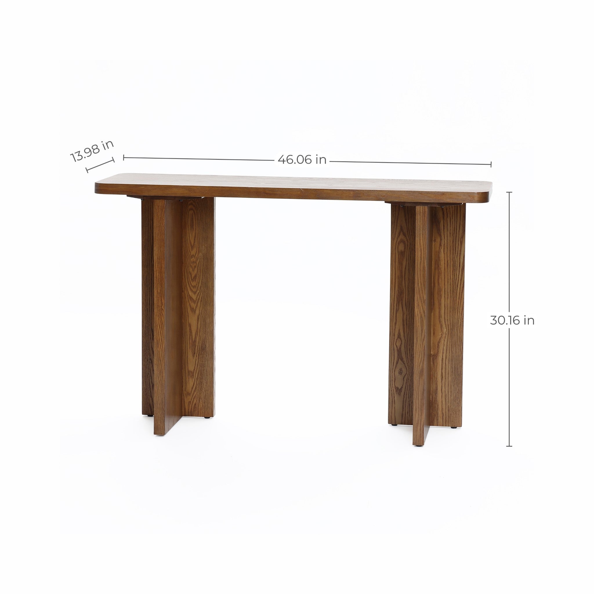 This mid-century modern console table boasts a minimalist design with a rectangular wooden top, measuring 46.06 inches long, 13.98 inches deep, and 30.16 inches high, supported by two sturdy legs.