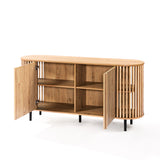 This mid-century modern buffet cabinet showcases a beautiful oak wood grain finish, with slatted sides and a rounded top. Open its doors to reveal spacious shelves inside, while it elegantly stands on black legs.