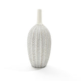 The LuxenHome Modern geometric pattern resin tall trumpet vase features a white, oval-shaped design with an antique geometric leaf pattern. Its narrow, smooth neck contrasts elegantly with the intricate body design, standing gracefully at 23.5 high against a plain white background.