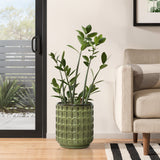 Tall Ceramic Planter Pot for Indoor Outdoor Plants with Drainage Hole, Green 14''