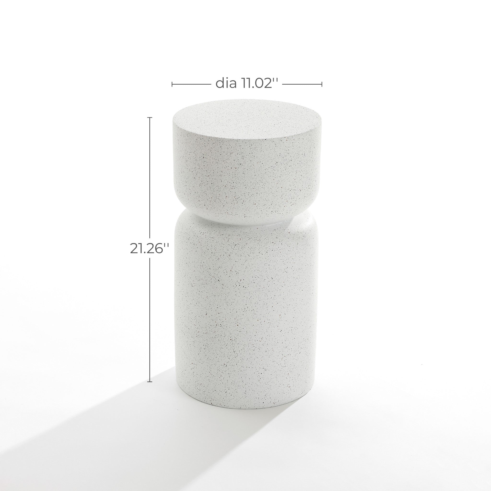 The Speckled White Pillar Outdoor Side Table boasts a minimalist, cylindrical design with a smaller top and subtle indentation. Standing 21.26 inches tall and 11.02 inches in diameter, its crafted from durable MGO for lasting elegance in contemporary settings.