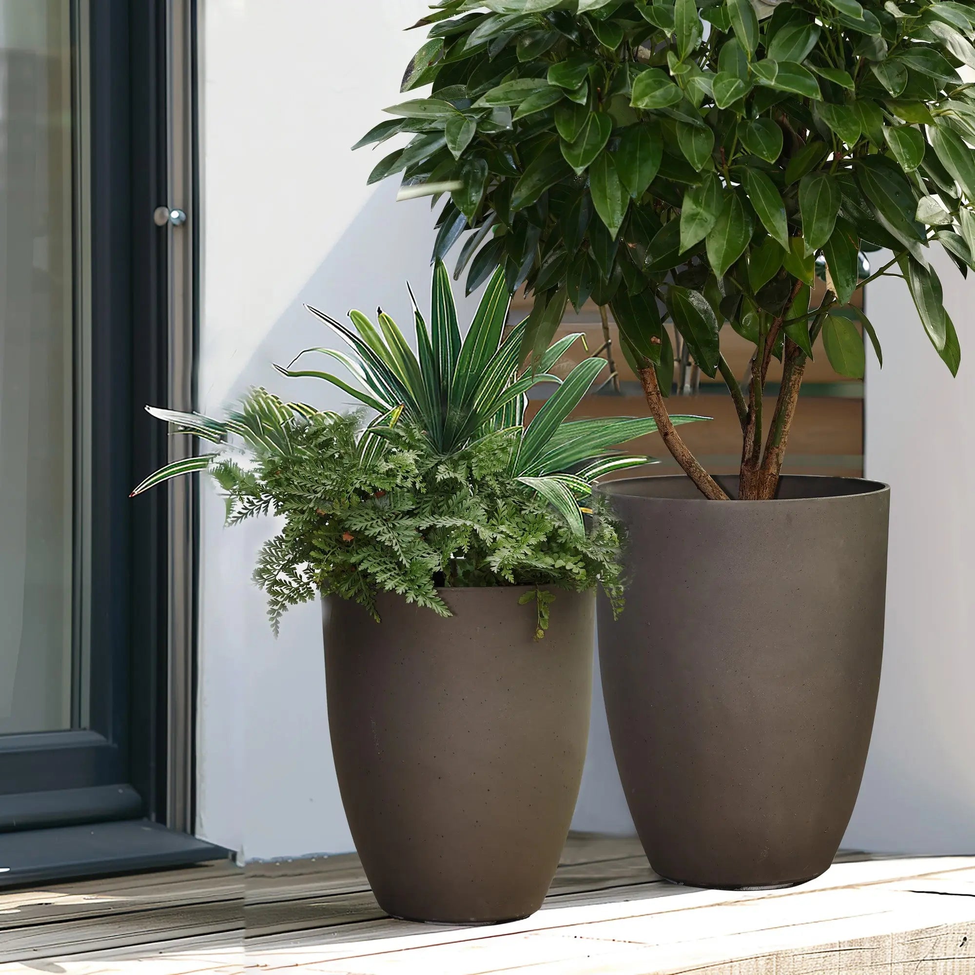 indoor plants for tall planters LuxenHome 2-Piece Husky Gray Tall Tapered Round Plastic Planters Set