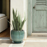 Jade Green Large Round Ceramic Planter with Attached Saucer, Glazed Indoor Outdoor Planter Pot 11.4'' Dia