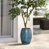 Tall Ceramic Planter Pot for Indoor Outdoor Plants with Drainage Hole, Blue 17.7''