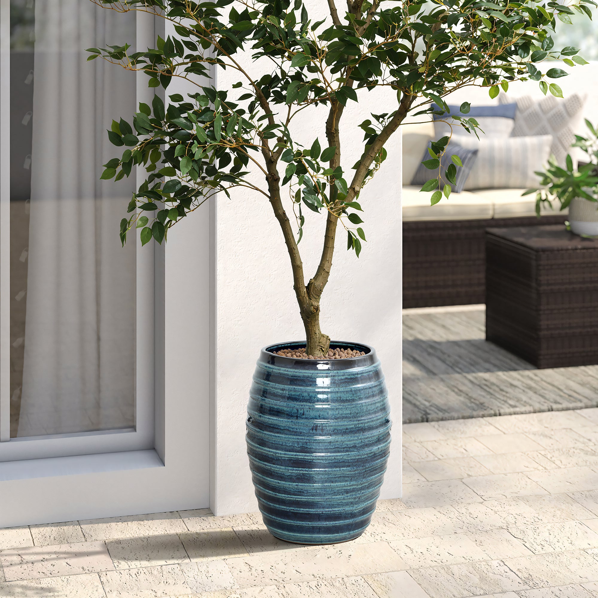 indoor ceramic plant pots with drainage LuxenHome 17.7" Tall Ceramic Planter Pot for Indoor Outdoor Plants with Ribbed Texture, Large Garden Plant Pots with Drainage Hole, Blue