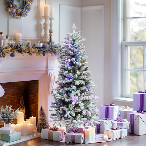 pre-lit-snow-flocked-christmas-tree-on-the-ground-accommodate-gift-box-candle-and-wreath-on-holiday