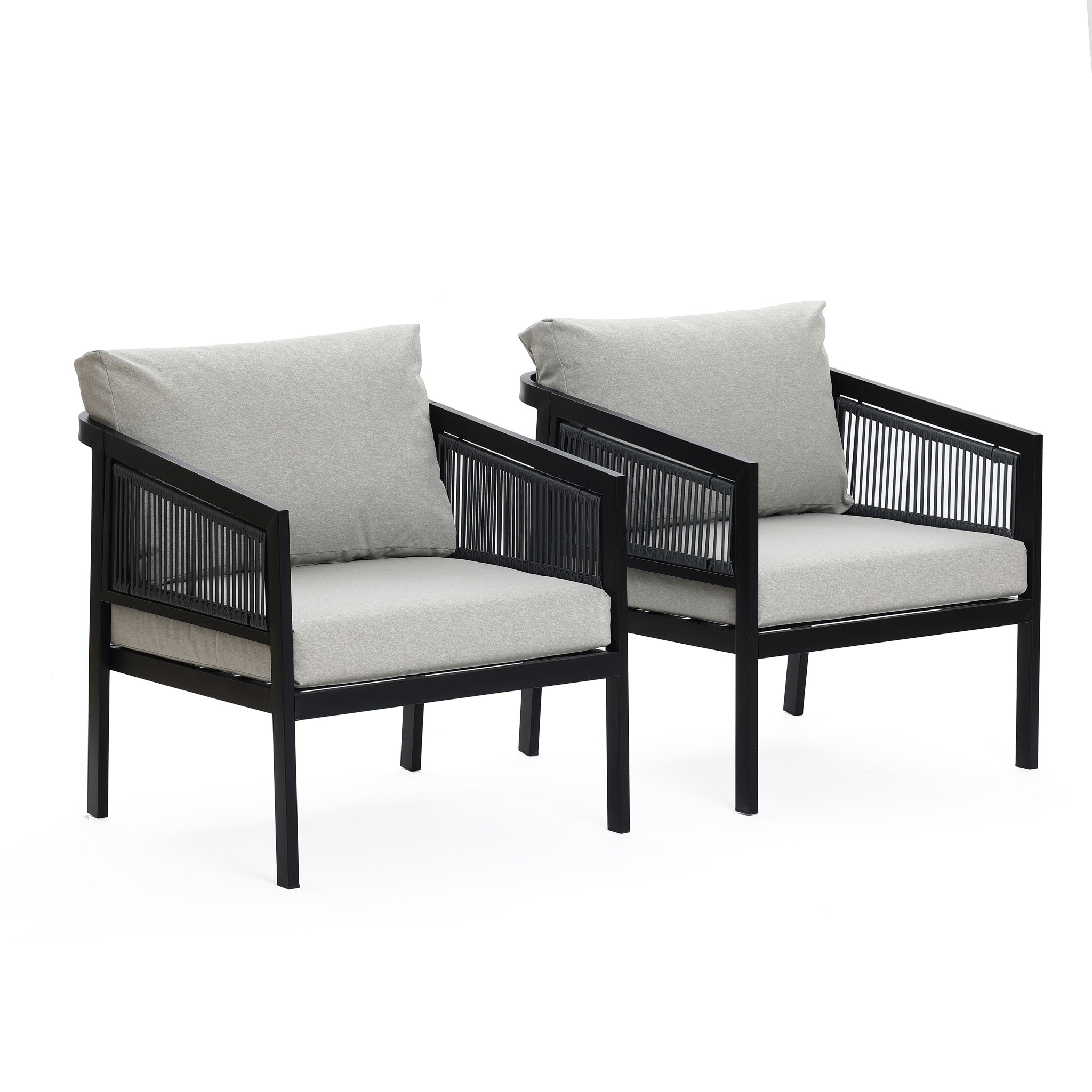 Two modern outdoor armchairs, featuring black metal frames and light gray cushions, are angled slightly apart on a white background. The set includes durable PE rattan detailing and waterproof cushions for lasting comfort in any weather.