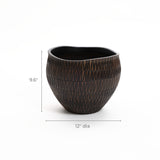 Dark brown textured resin round planter, large