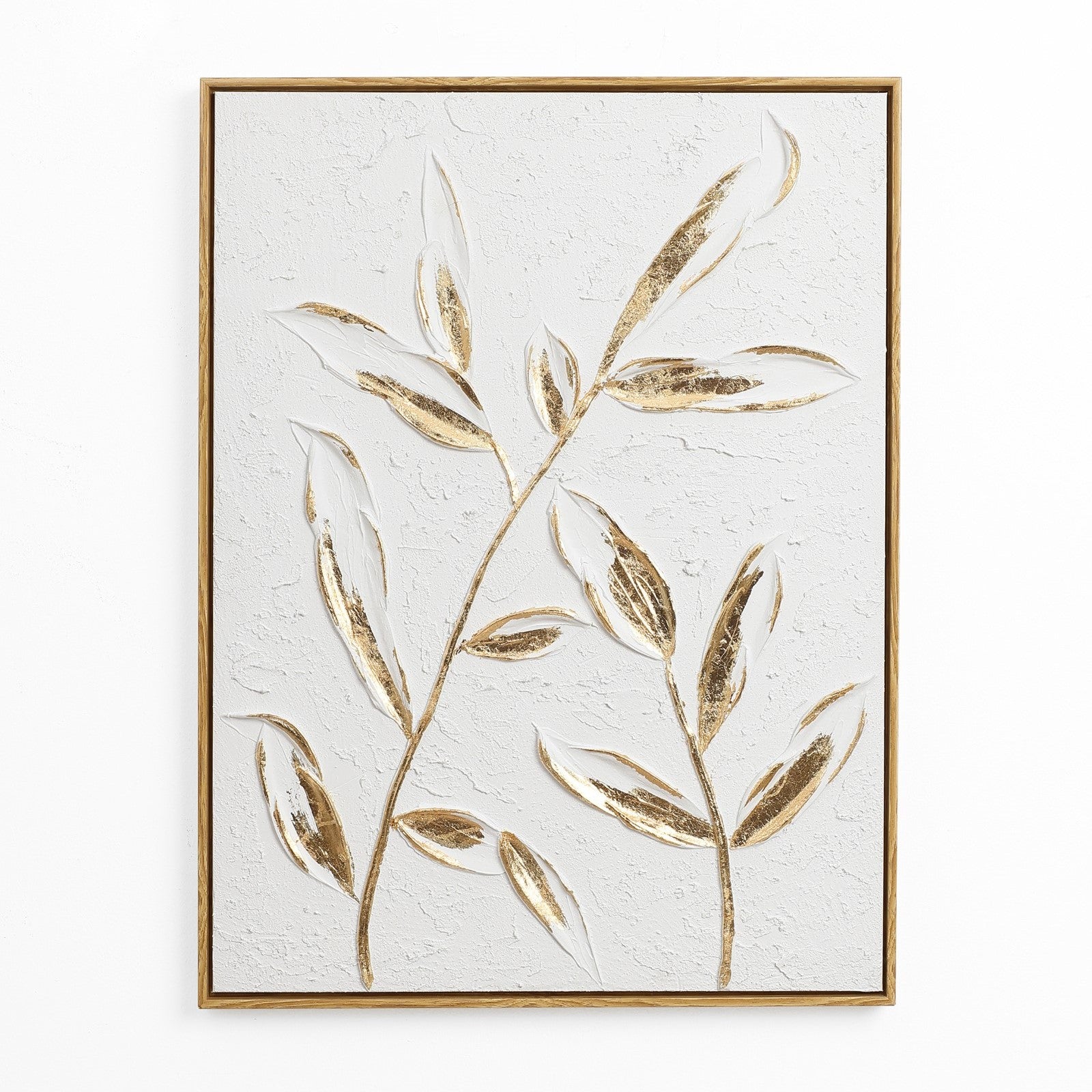 A high-end art piece, this textured artwork showcases a branch with leaves in gold and white on a cream background. The elegant gold leaf motif is perfectly framed in gold, adding a touch of modern wall decor to any space.