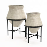 Beige cauldron cachepot planter with black stands, set of 2