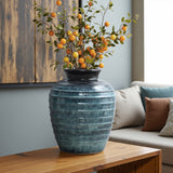 Rippled Blue with Brown Round Tall Ceramic Vase, 15.8"H