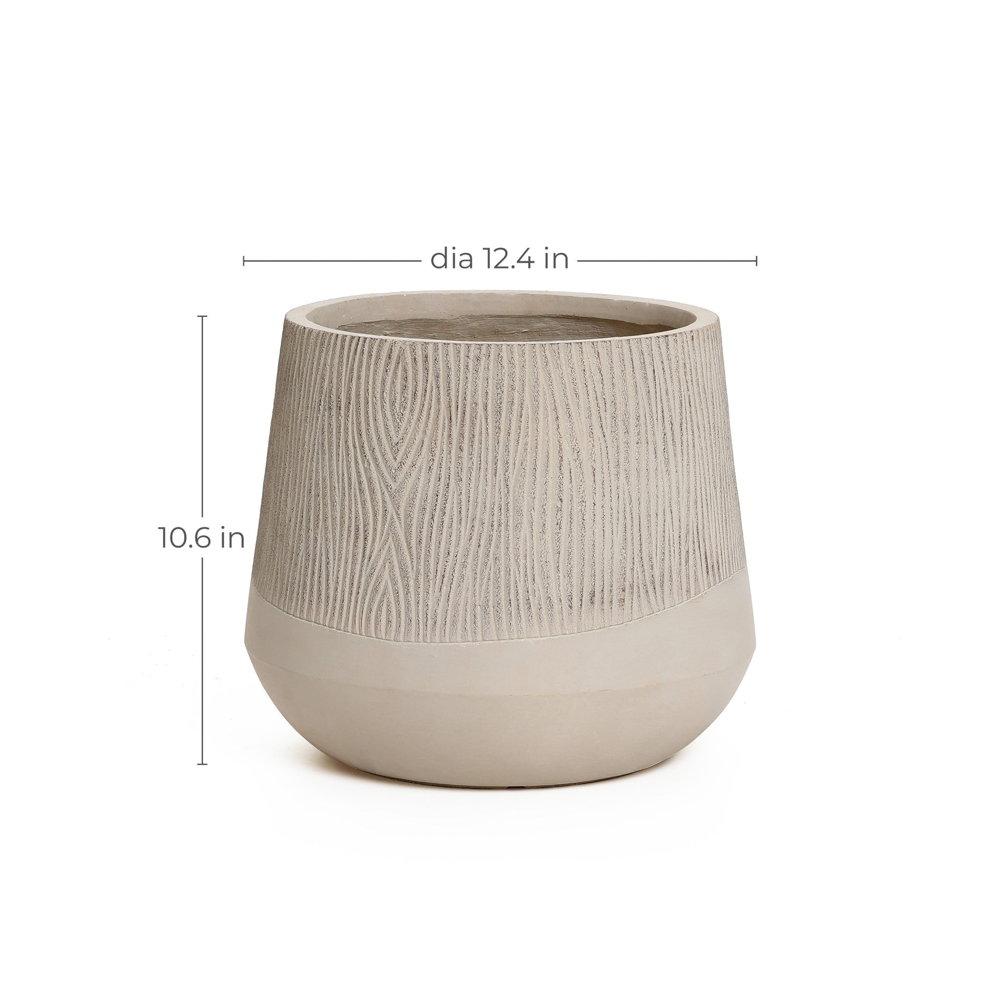 A beige ceramic planter with a natural wood pattern and textured surface, measuring 10.6 inches in height and 12.4 inches in diameter, adds a touch of organic elegance to any space.