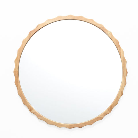 Scalloped wood frame round wall mirror