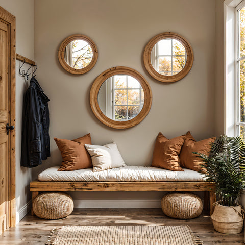 Wood frame round accent mirror, set of 3