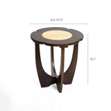 The Sunflower wood end/side table by LuxenHome features a petal-like top with a natural wood finish, contrasting lighter center, and darker edges. It stands 18.1 tall with a 16.9 diameter, supported by three gracefully curved legs for a modern look.