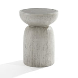 LuxenHomes Rustic Off White and Gray Outdoor Side Table, 19.7 h, showcases a modern minimalist design with a cylindrical base and bowl-shaped top. Crafted from MgO material, it has a textured speckled finish for a natural rustic look, reminiscent of a garden stool, on a plain white backdrop.