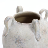 The LuxenHome 11 high terracotta vase features a large, weathered design with four looped handles. It has a mottled surface with marbled gray and beige shades, offering an ancient look, set against a plain white background.