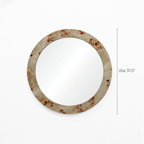 Burl finish wood frame round wall mirror