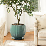 Jade Green Large Round Ceramic Planter with Attached Saucer, Glazed Indoor Outdoor Planter Pot 14.2'' Dia