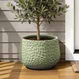 Green Large Round Planter with Floral Texture, Decorative Garden Plant Pot 16'' Dia