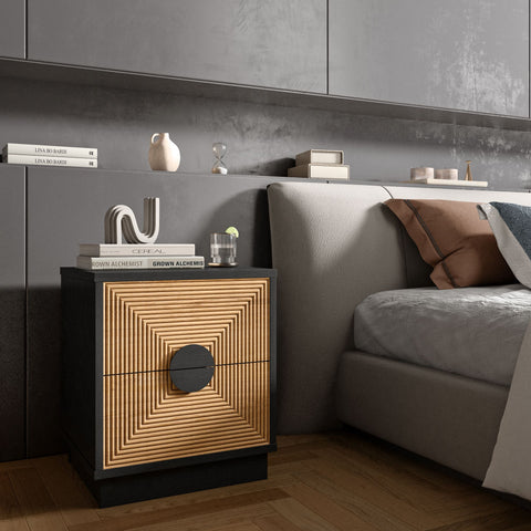 black frame with bamboo striped door ethan nightstand by a grey upholstered bed in a minimal style bedroom