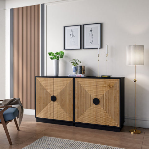 two ethan accent cabinet combined together as a sideboard in a modern entryway scene, with gold color floor lamp by the side, vases, candle holders and other decorative objects on the top