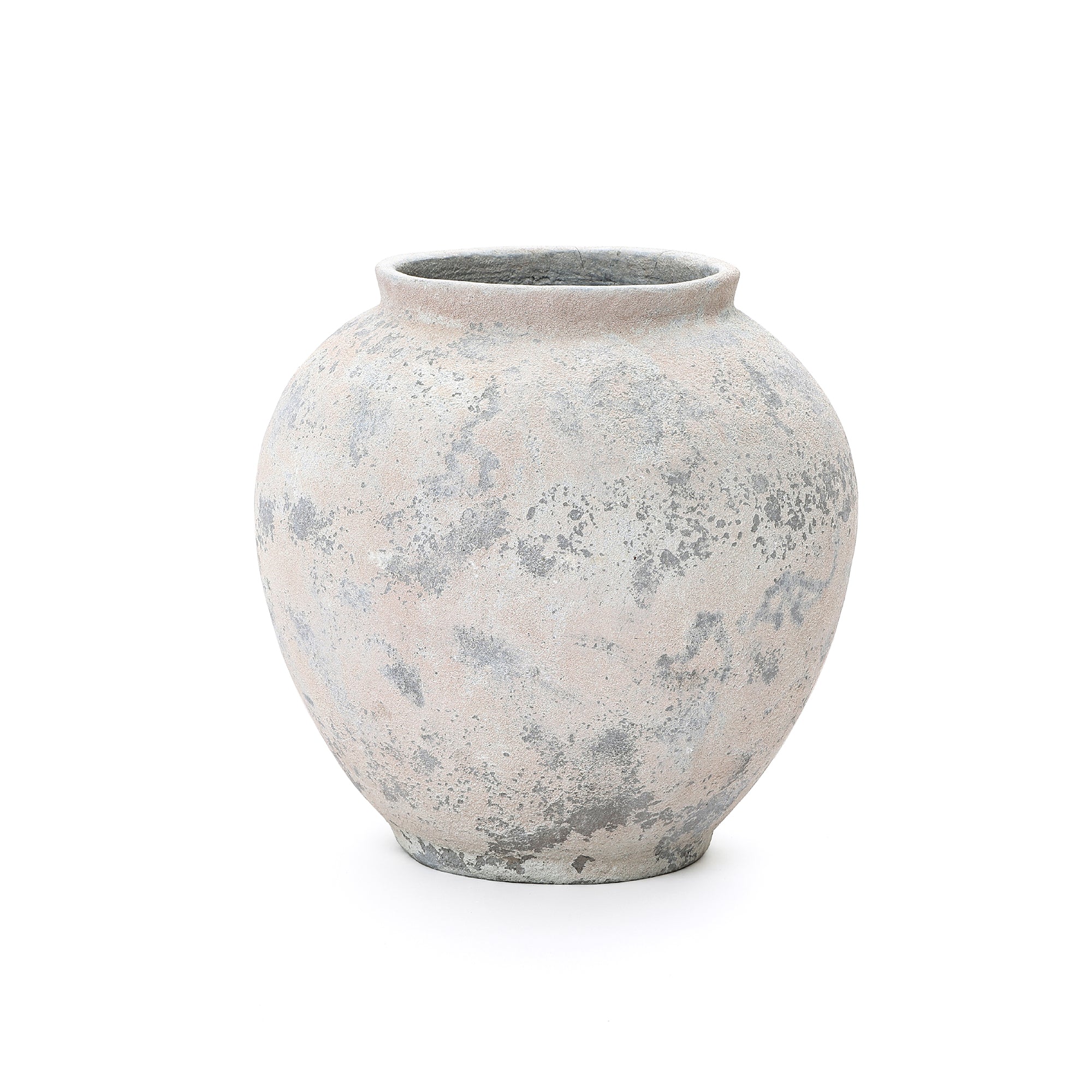 Round wide-mouthed gray cement vase with a textured mottled surface, set against a plain white background.