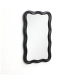 Modern wall mirror featuring a wavy black frame, elegantly mounted on a white wall.